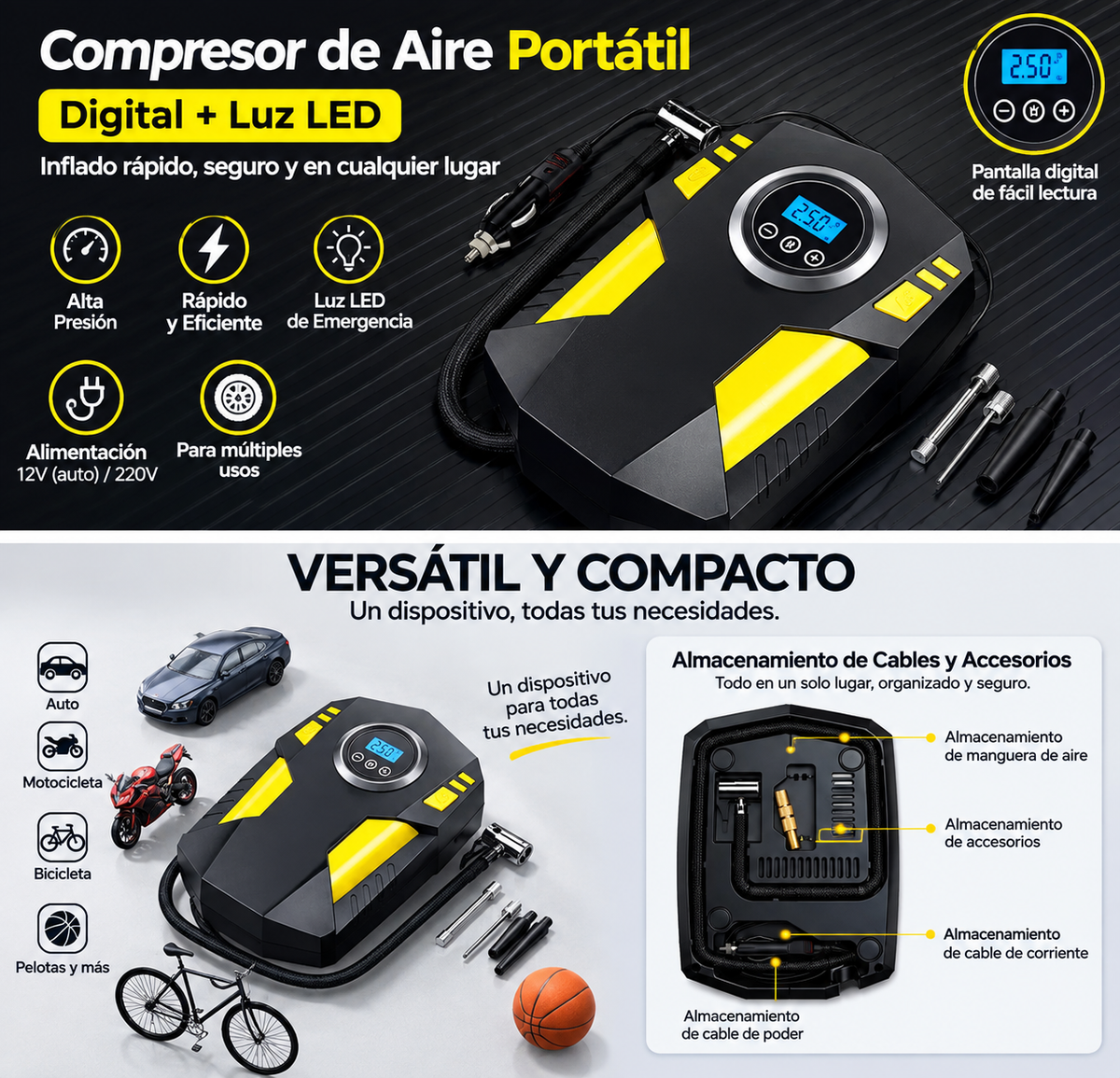 Bomba de aire portátil 12v con linterna LED digital MD