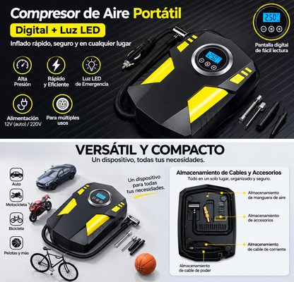 Bomba de aire portátil 12v con linterna LED digital MD