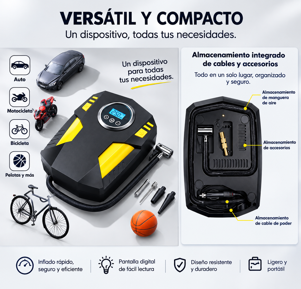 Bomba de aire portátil 12v con linterna LED digital MD